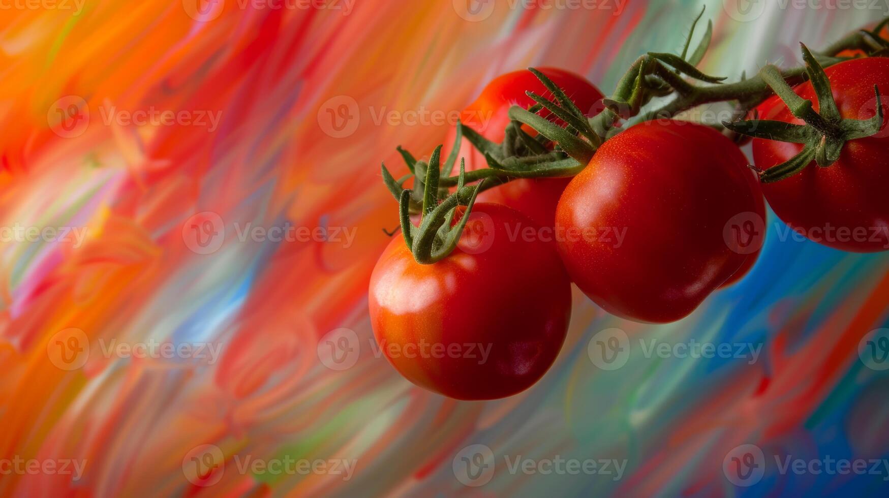 Spinning tomatoes against an abstract background of vibrant hues photo