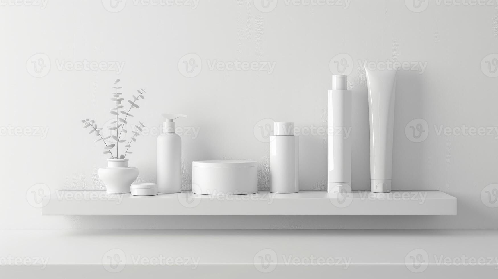 A shelf with a variety of white beauty products, including a bottle of lotion, a bottle of shampoo, and a bottle of conditioner photo