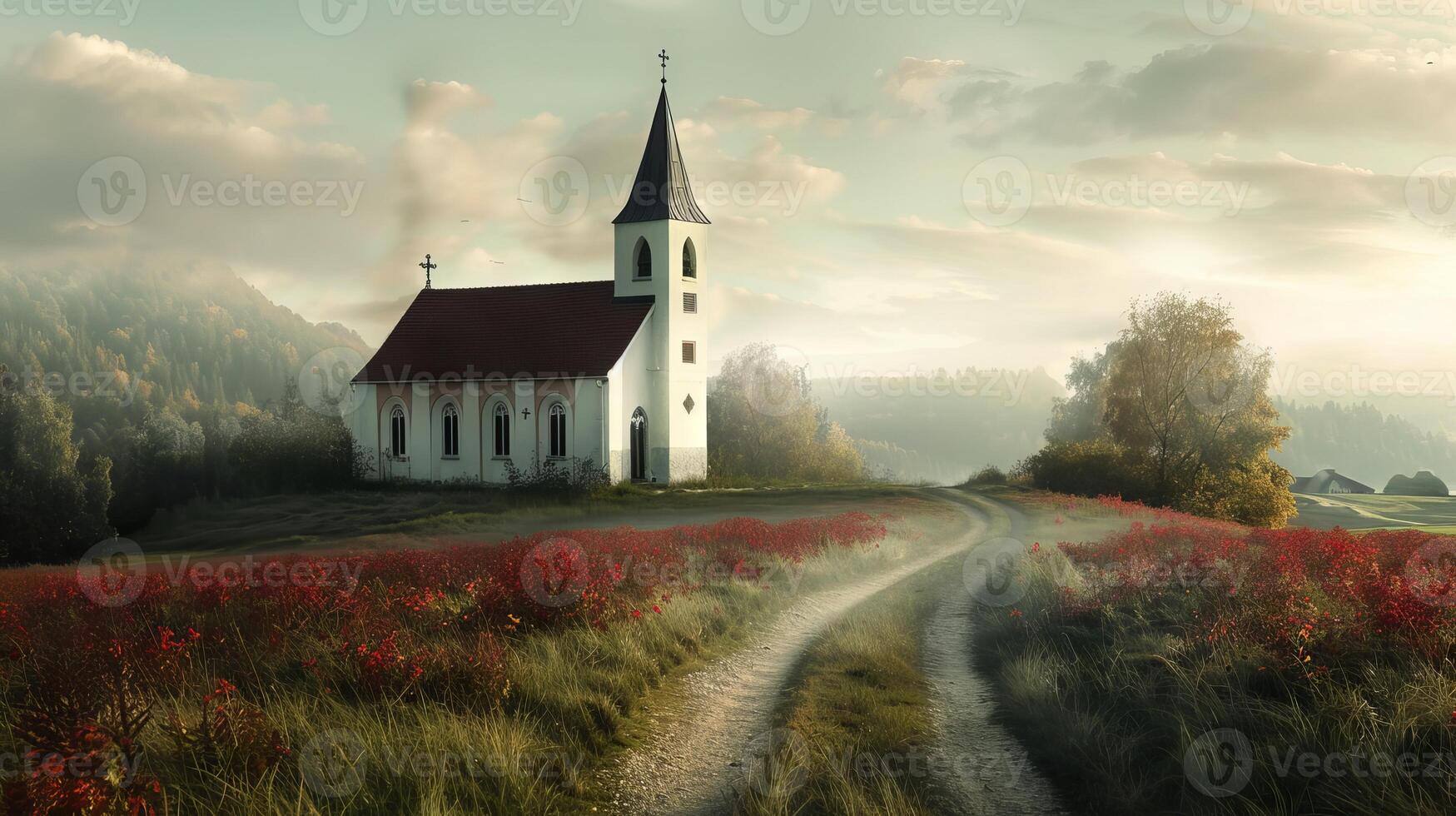 Open area for words alongside an image of a Christian church in a rural landscape photo