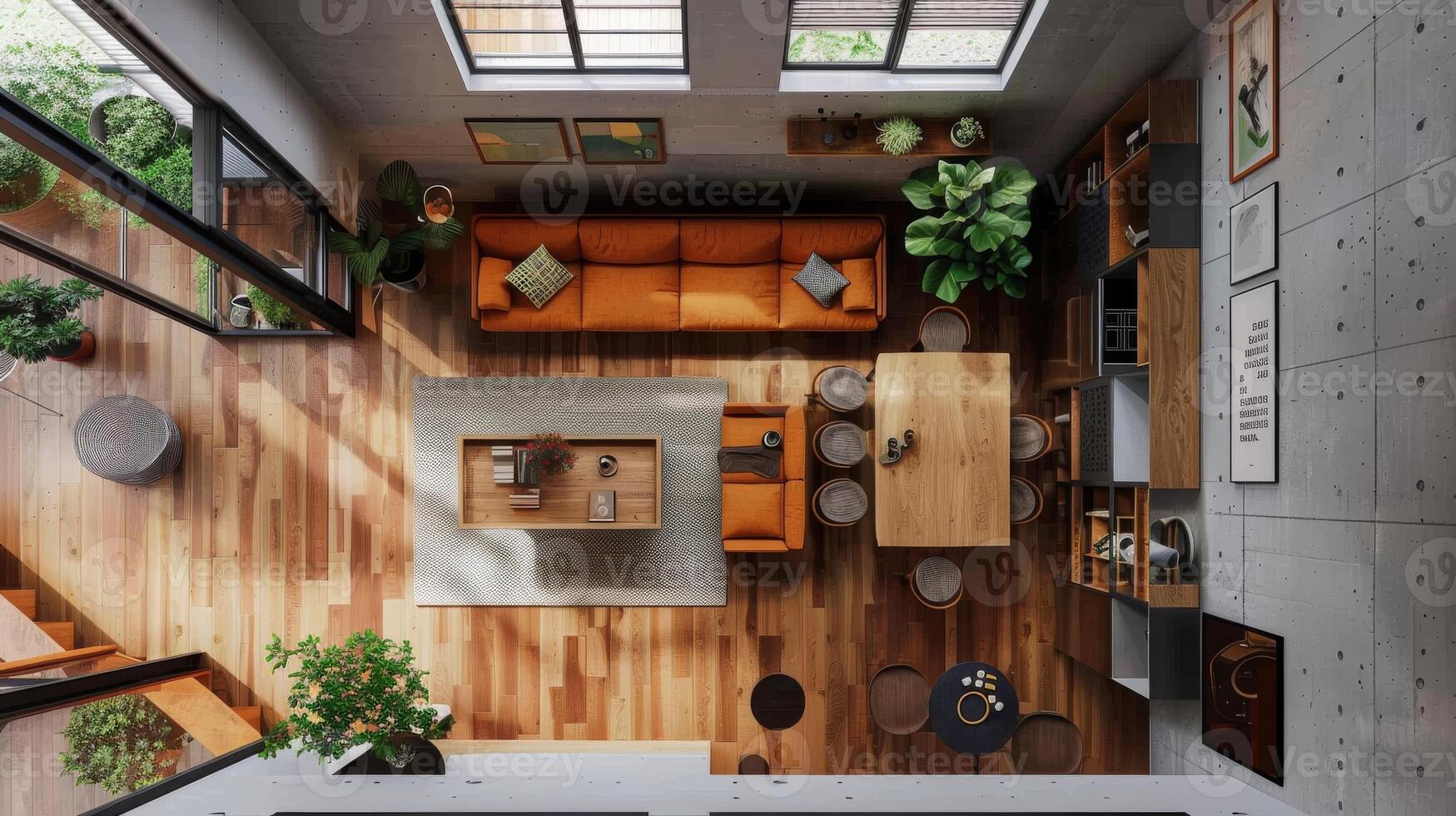 Top-down angle offering a clear view of the spatial layout of interior decor photo