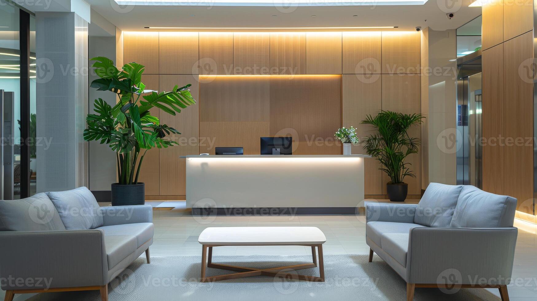 A modern office lobby with a large plant and two couches. The room has a clean and minimalist design photo
