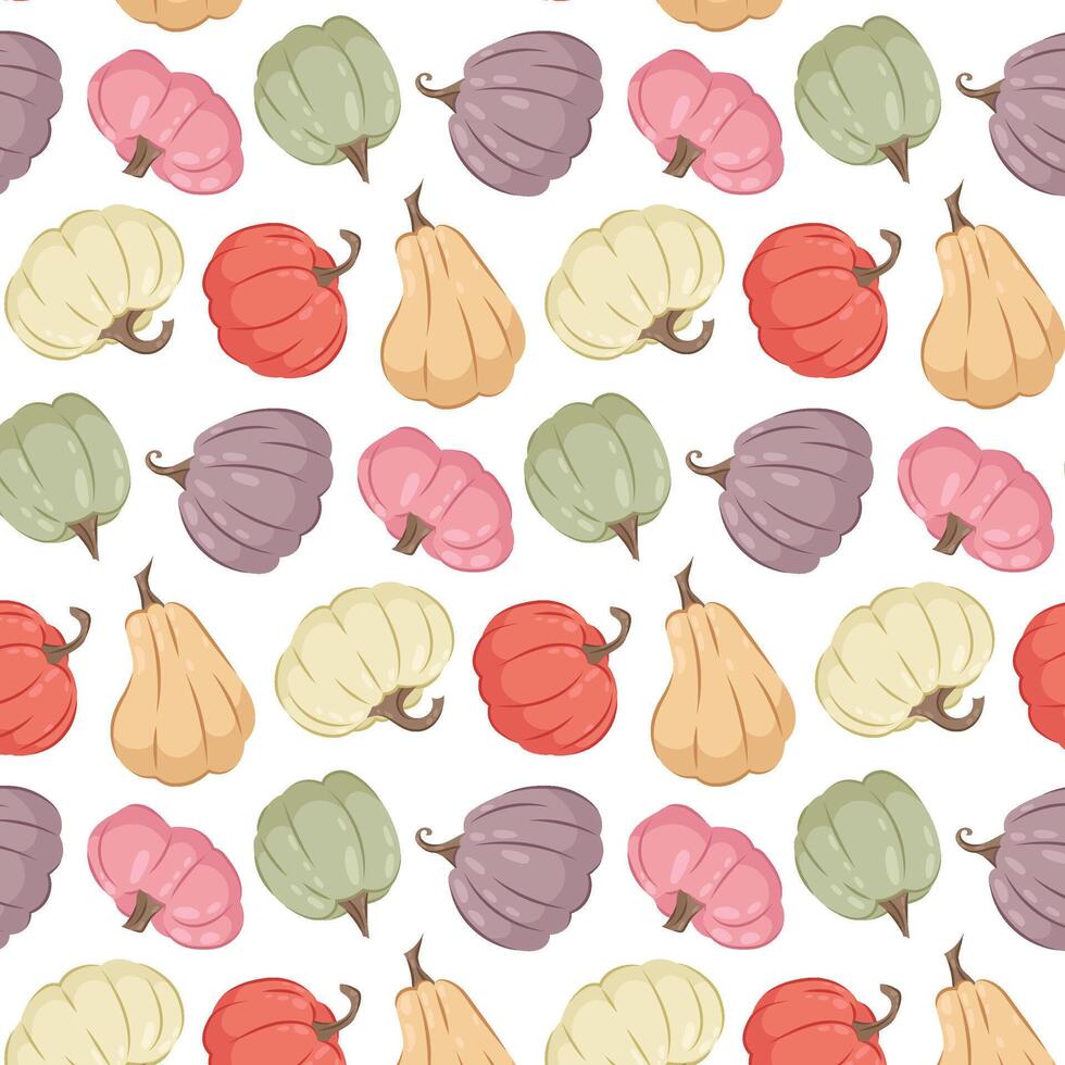 Pattern with multi-colored pumpkins. Autumn background. Various pumpkins in flat style on a white background. Pattern for textile, wrapping paper, background. vector