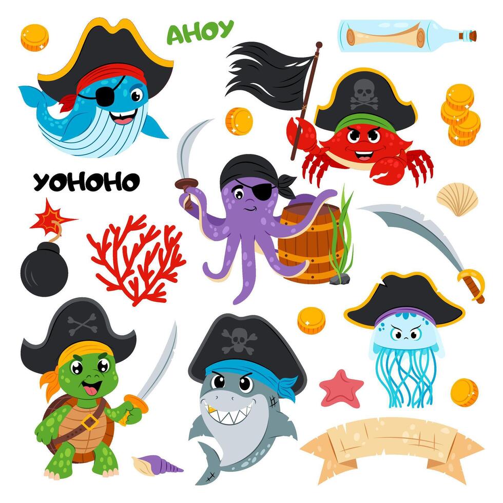Set of illustrations of sea animals in pirate costumes. Sea animals with elements of underwater life. Cute sea creatures on a white background. vector