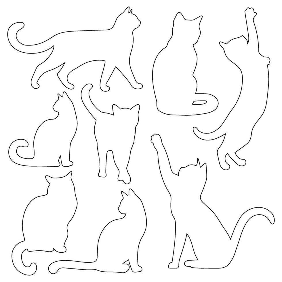 Set of black cat silhouettes in doodle style. Stencil for Halloween, card, poster or other design. Linear illustration of a cat. vector