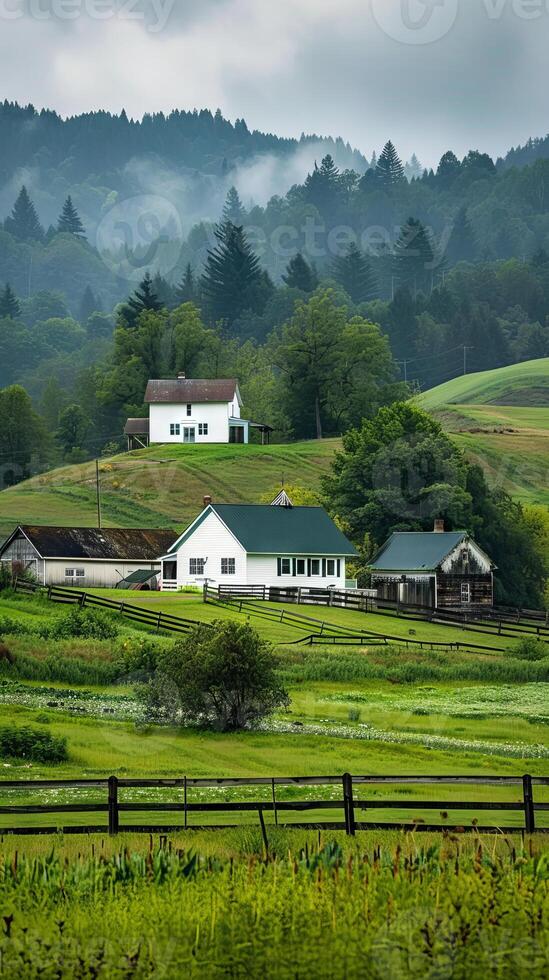 Quaint farmhouses surrounded by rolling hills photo