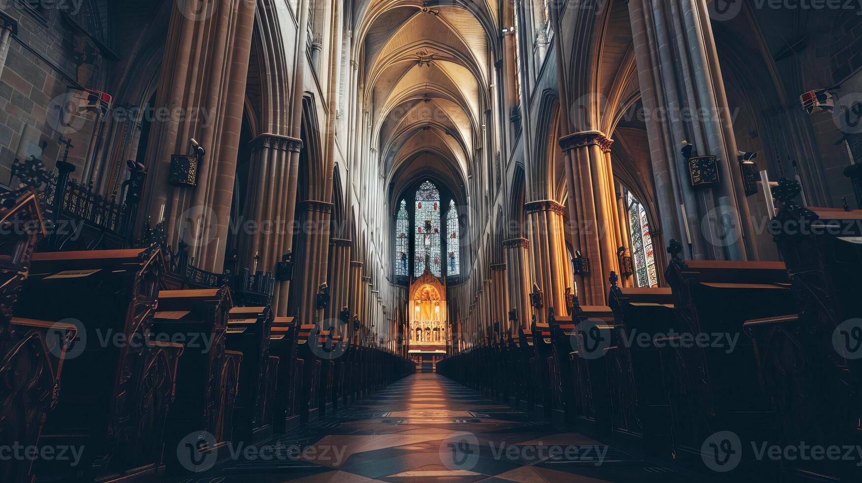A long, narrow church with many pews and stained glass windows. The pews are empty and the church is very quiet photo