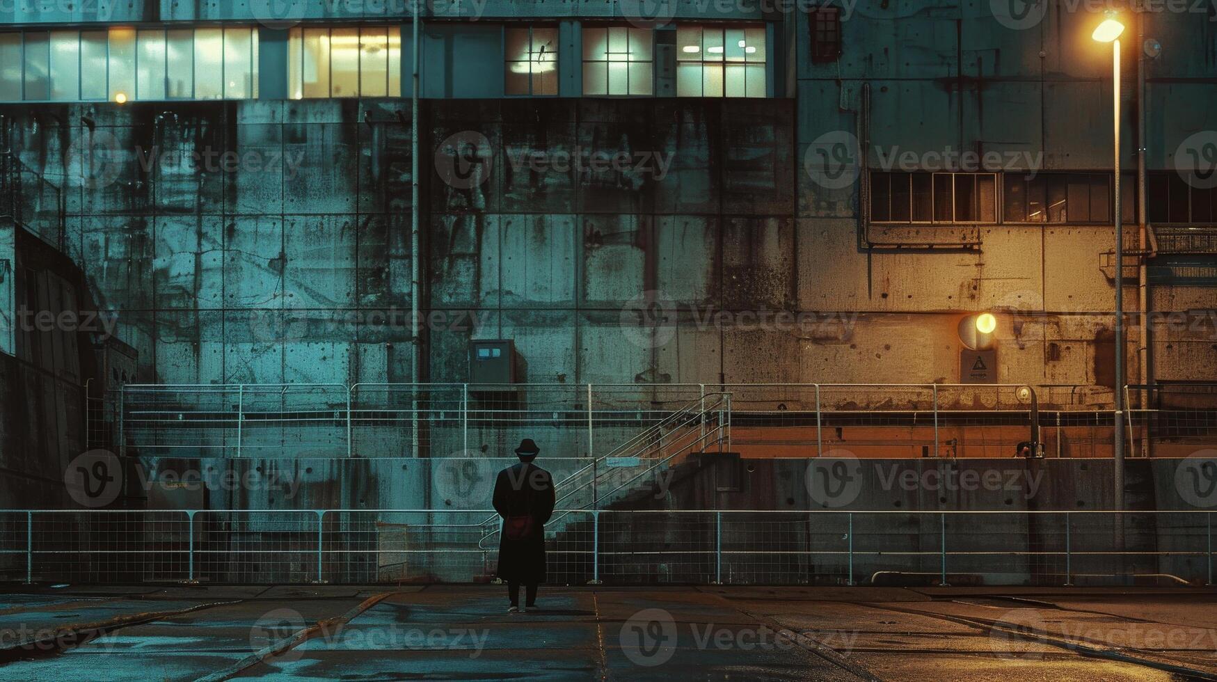 A man is walking down a street in the rain. The street is empty and the buildings are dark. Scene is somber and lonely photo