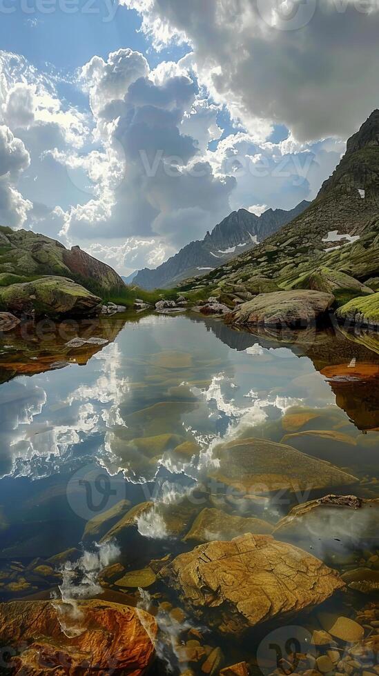Tranquil mountain pools reflecting cloud-streaked skies photo