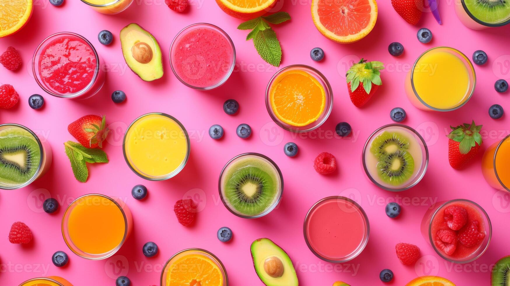 Colorful arrangement of spinning smoothie ingredients in a colorful pattern photo