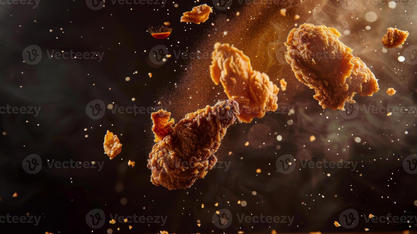 Dynamic silhouette of levitating pieces of fried chicken with sauce swirls photo
