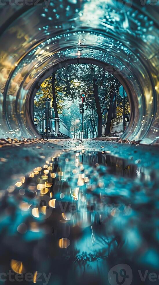 A blurry image of a tunnel with a reflection of trees and lights photo