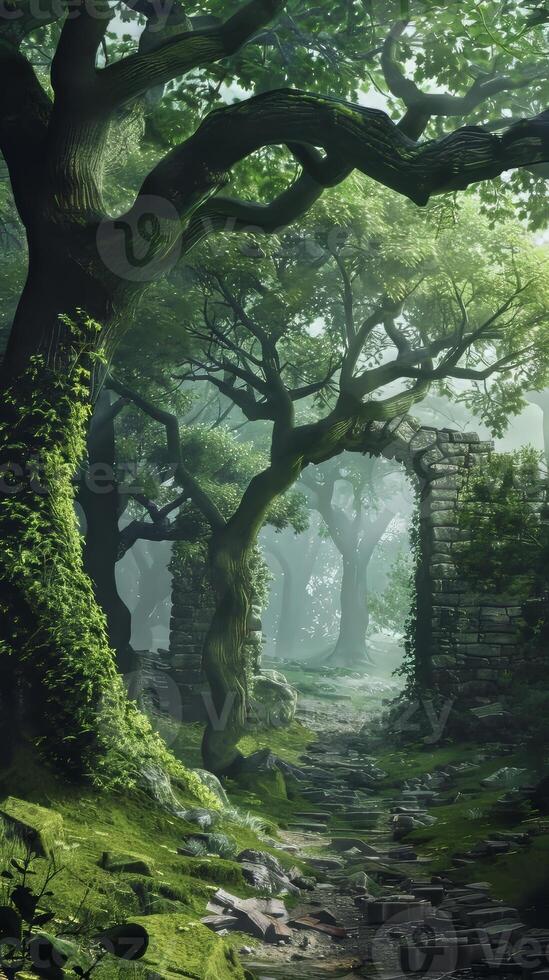Majestic oak forests sheltering ancient ruins photo