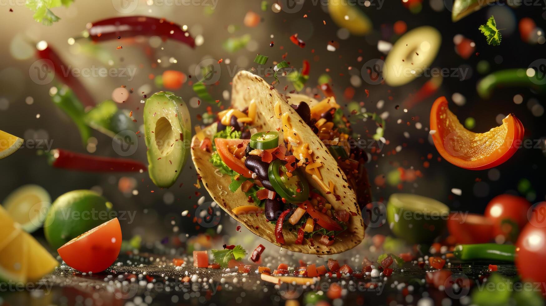 Dynamic design featuring floating taco ingredients and room for Mexican restaurant logos photo