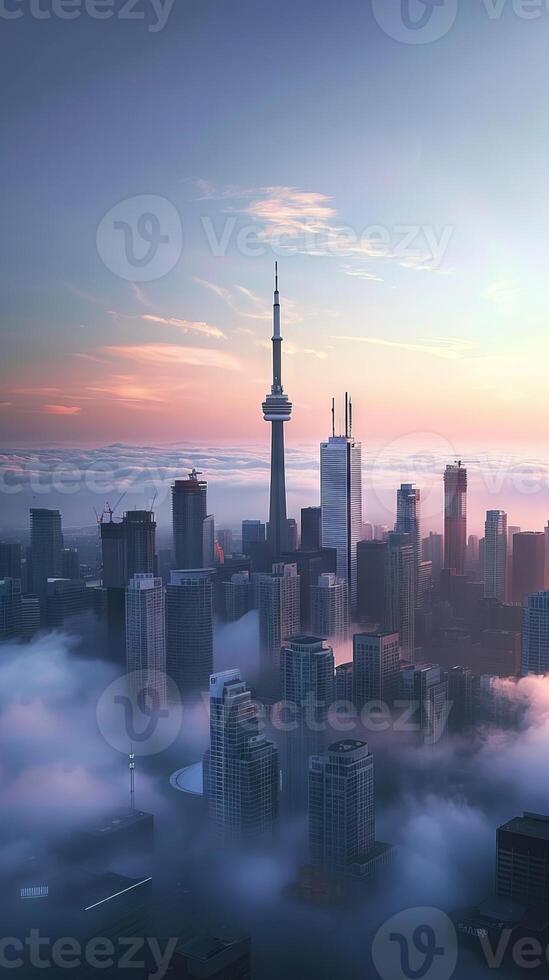 Towering cityscapes framed by natural beauty photo