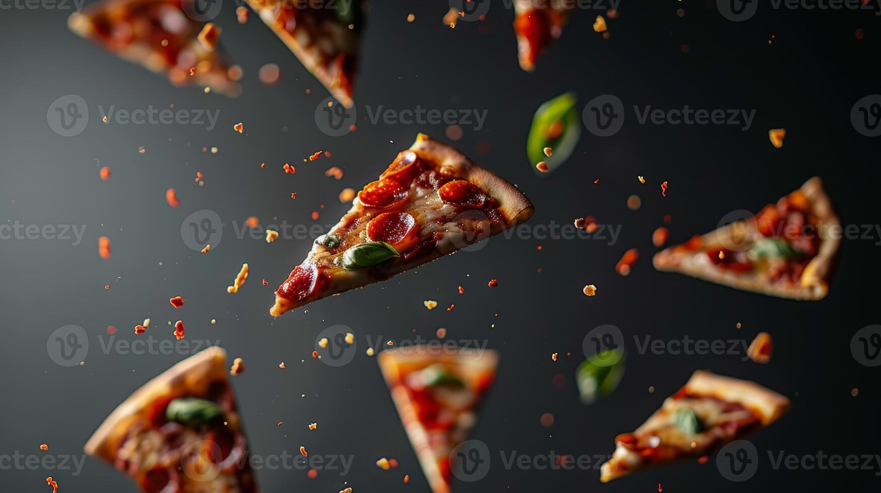 Stunning silhouette of floating slices of pizza arranged artistically photo