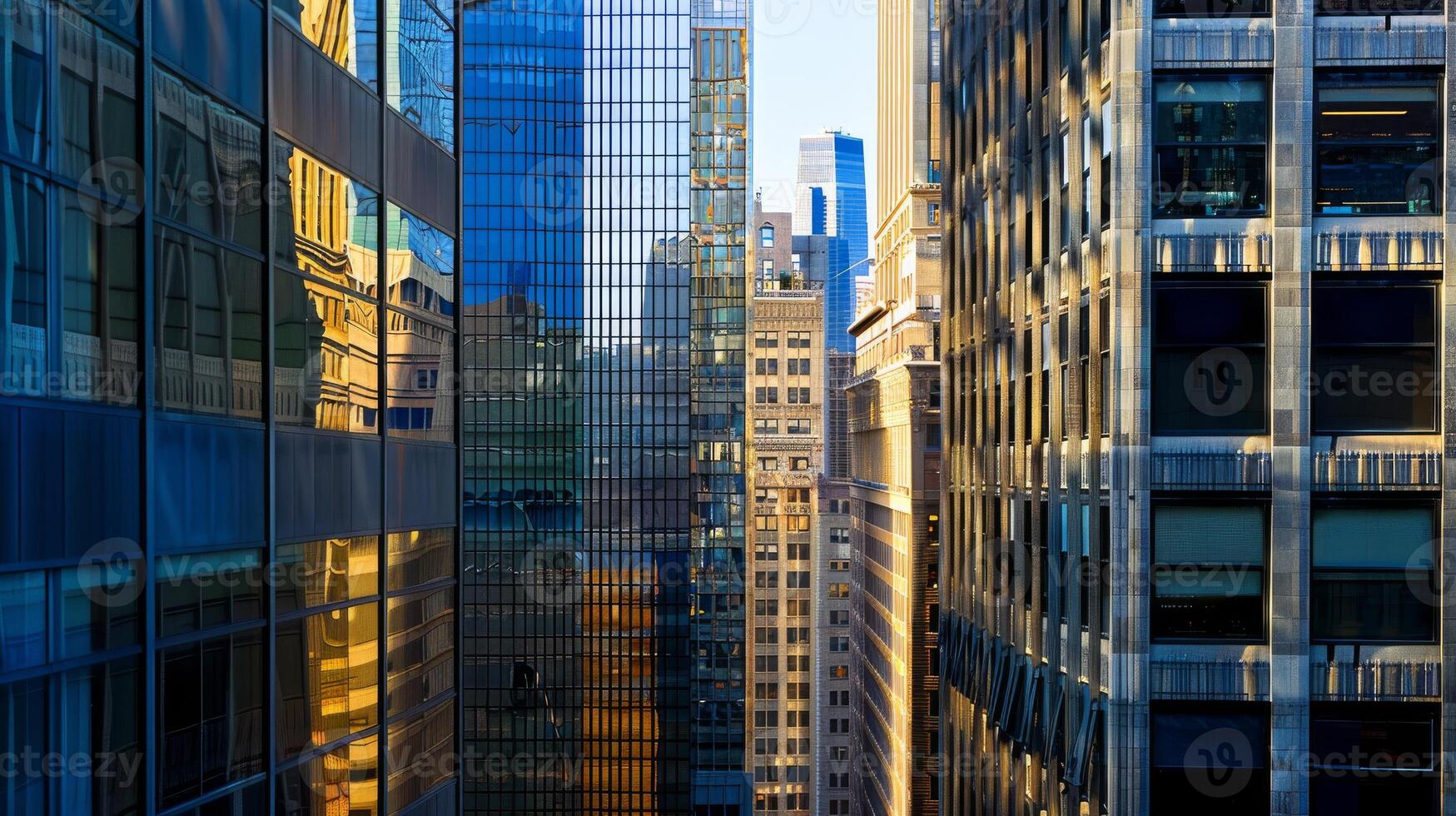 A city skyline with tall buildings and a sun shining on them. The sun is reflecting off the glass windows of the buildings, creating a beautiful and serene atmosphere photo