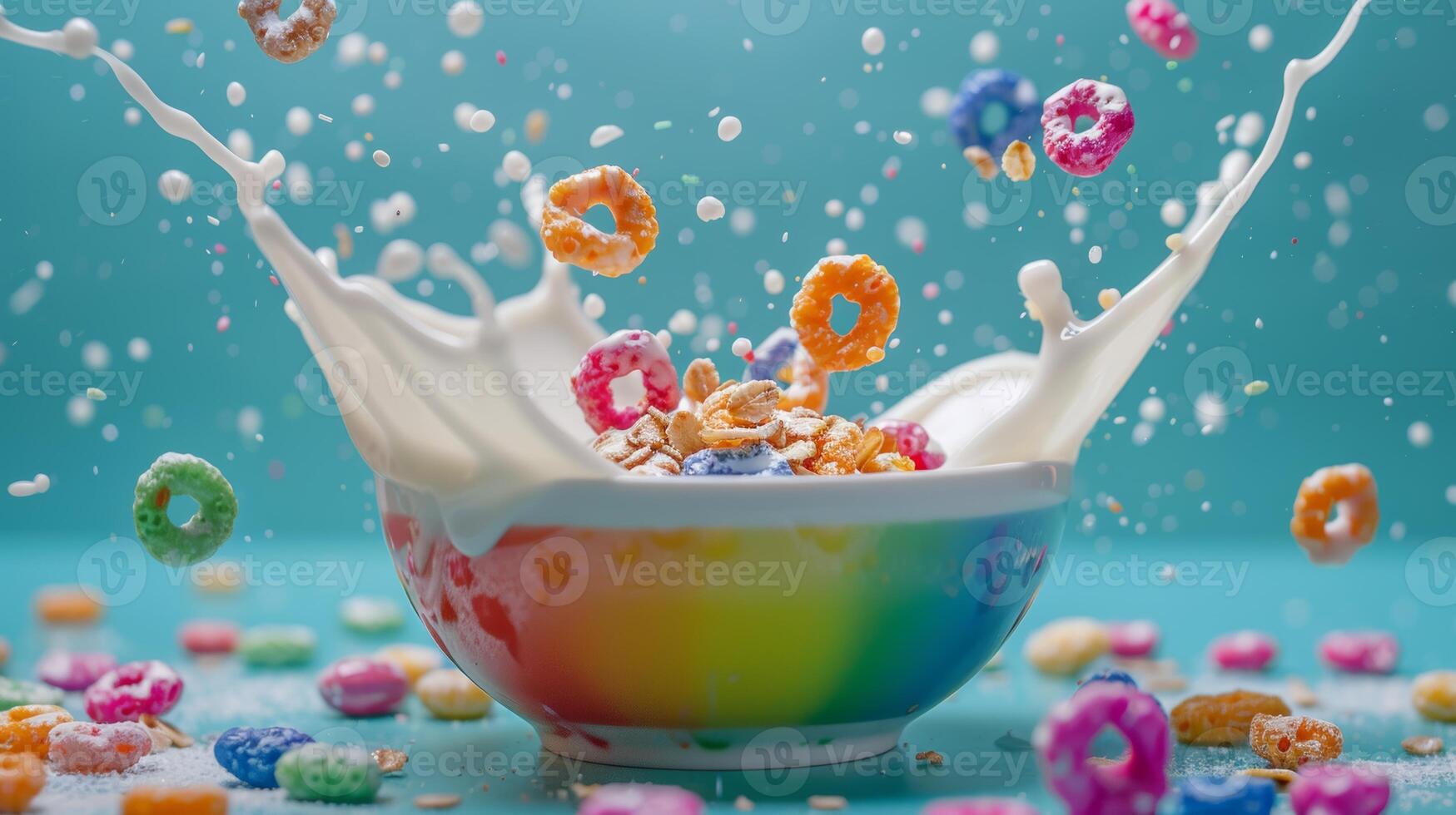 Spinning bowl of colorful cereal with milk photo