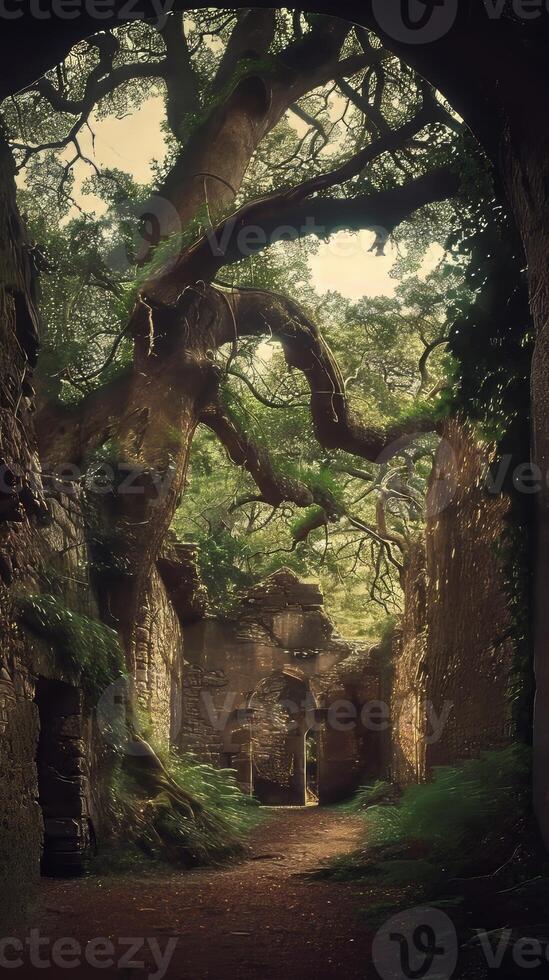 Majestic oak forests sheltering ancient ruins photo