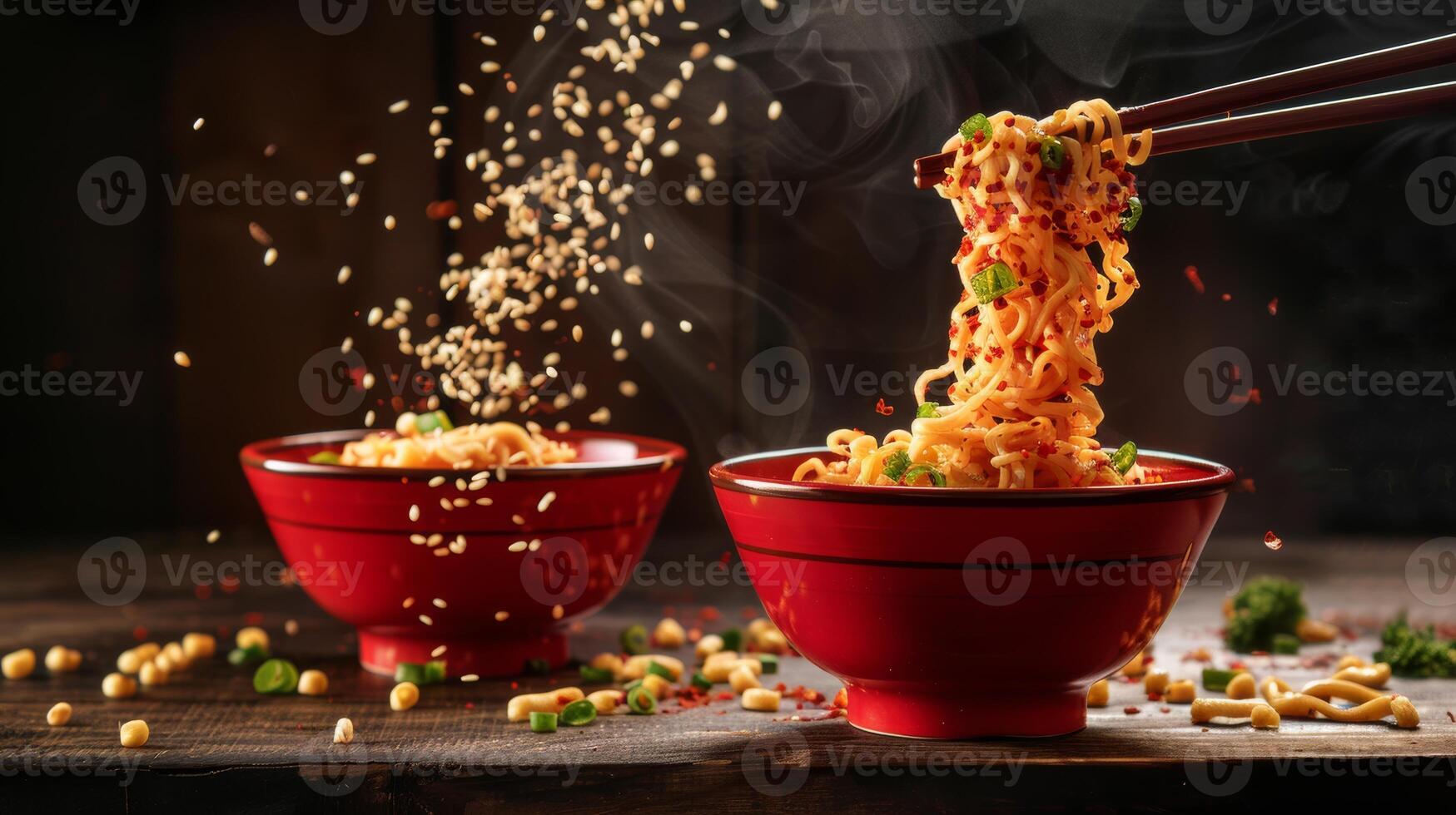 Levitating bowls of spicy noodles with chopsticks photo
