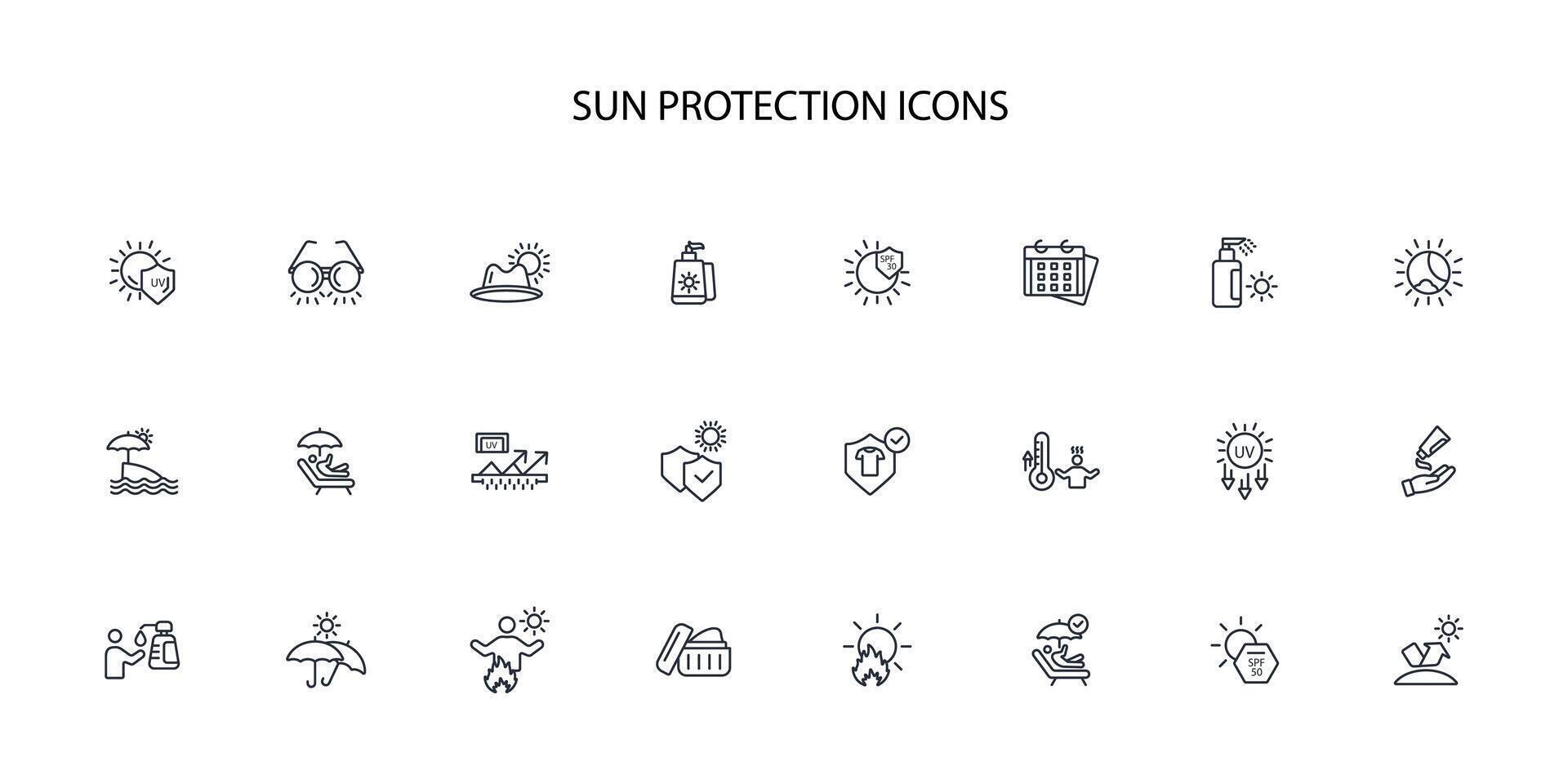 Sun protection icon set..Editable stroke.linear style sign for use web design,logo.Symbol illustration. vector