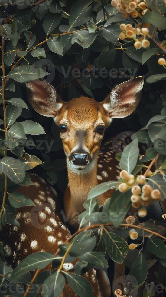 Bashful baby deer hiding behind bushes, their spotted coats blending into the foliage photo