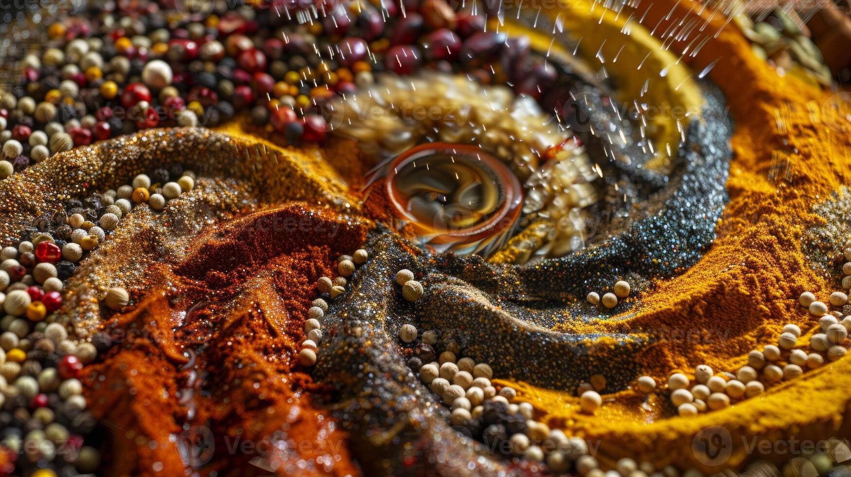 Conceptual representation of spinning spices forming a spiral, symbolizing depth of flavor photo