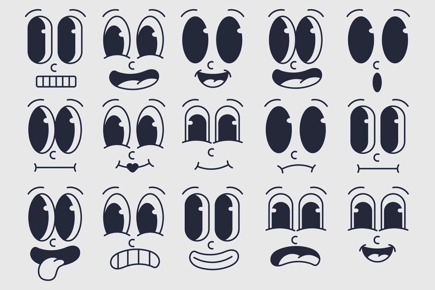 Set of retro cartoon in different facial expressions and emotions. Design illustration in doodle style vector