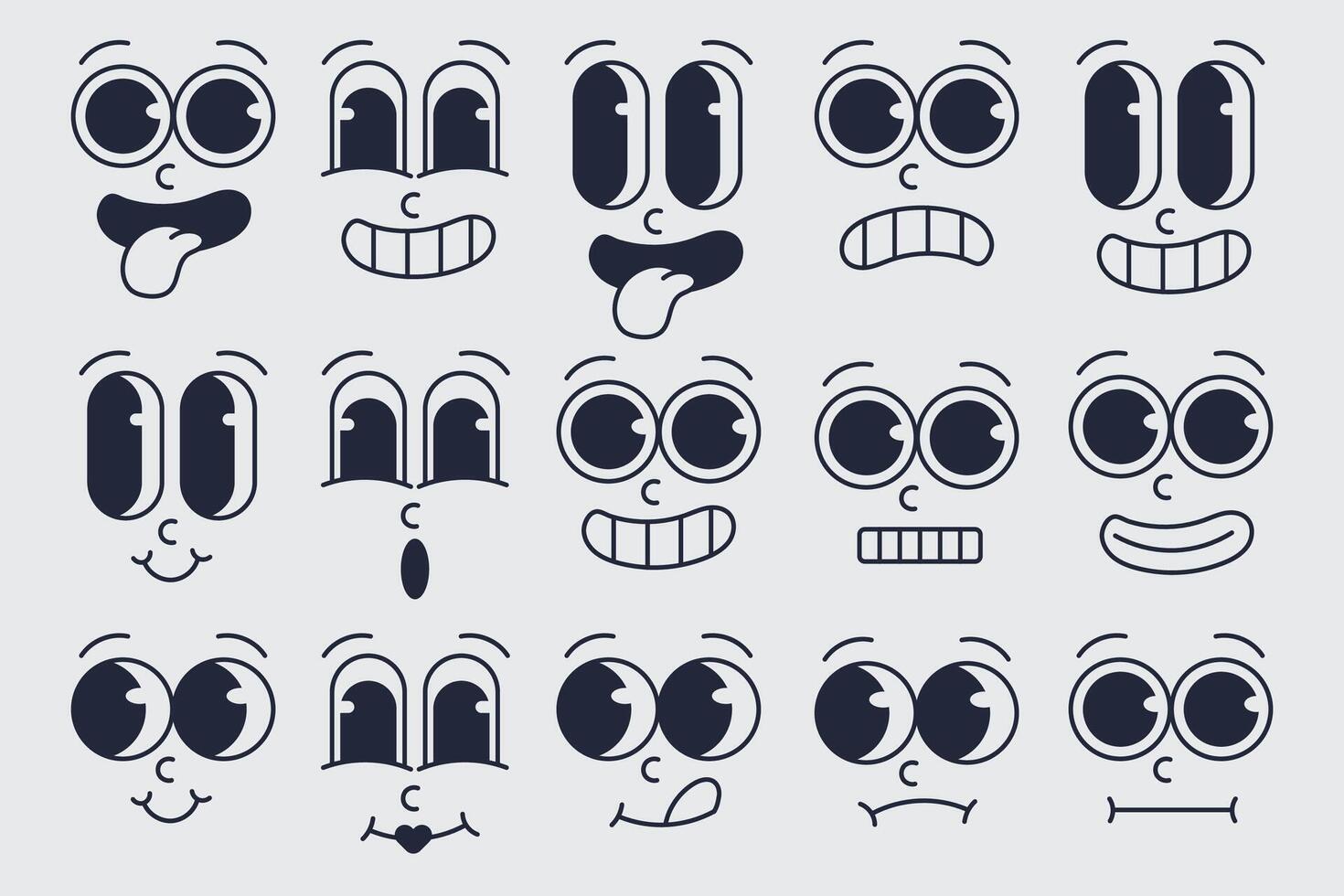 Retro Cartoon in Different Types of Facial Expressions Pack for Creative Projects vector
