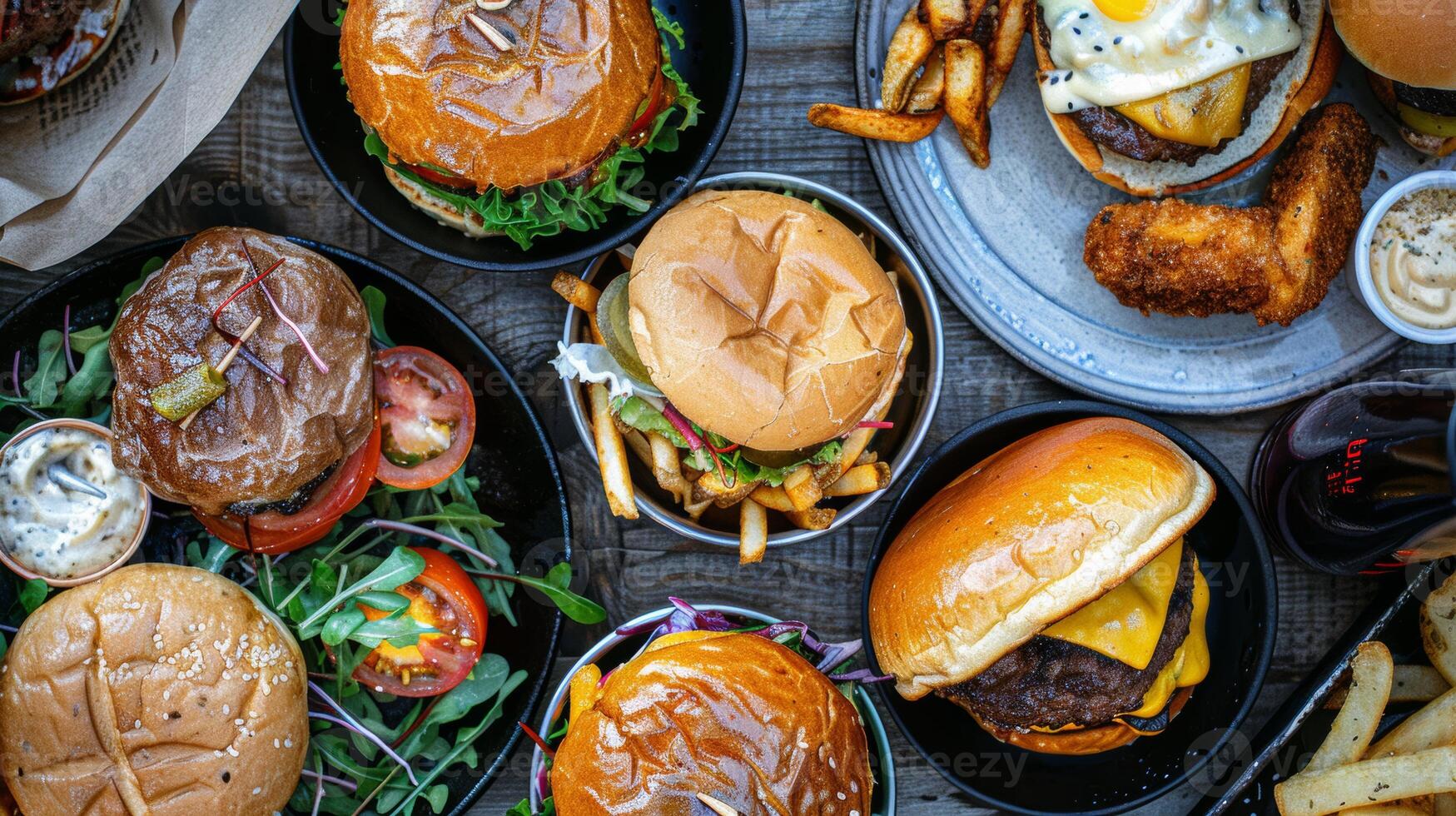 Rotating plate of gourmet burgers from above photo