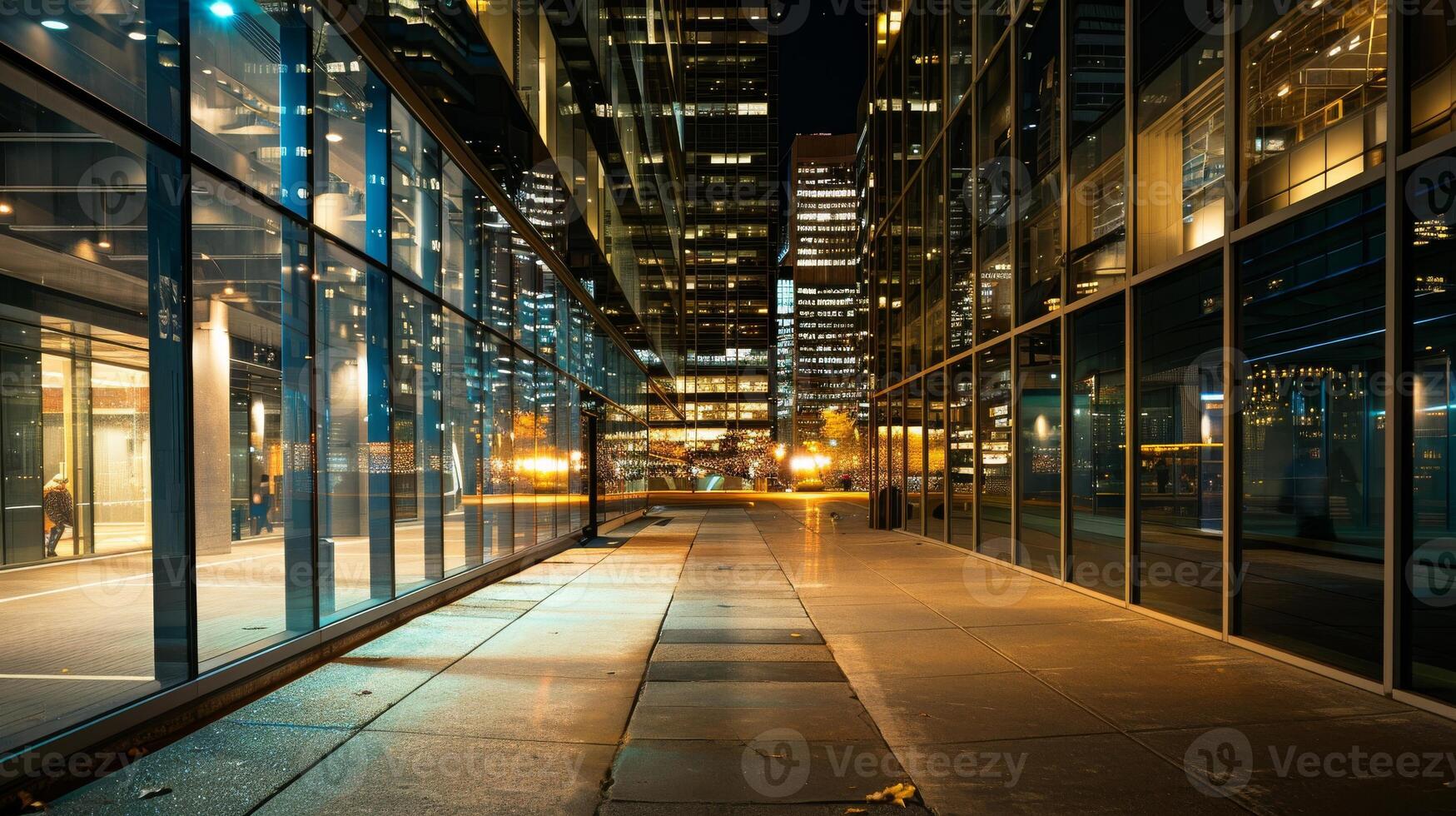 A city street at night with a large glass building in the background photo