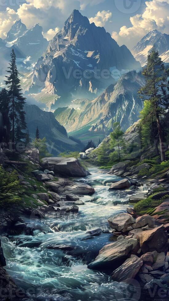 Tranquil mountain streams winding through rocky terrain photo