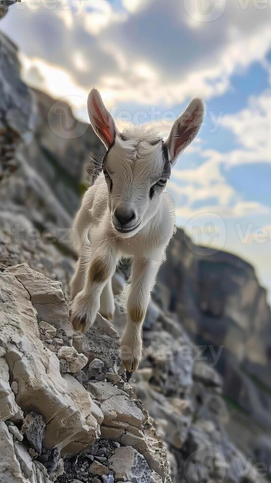 Cuddly baby goats hopping around on rocky cliffs, their horns just starting to grow photo