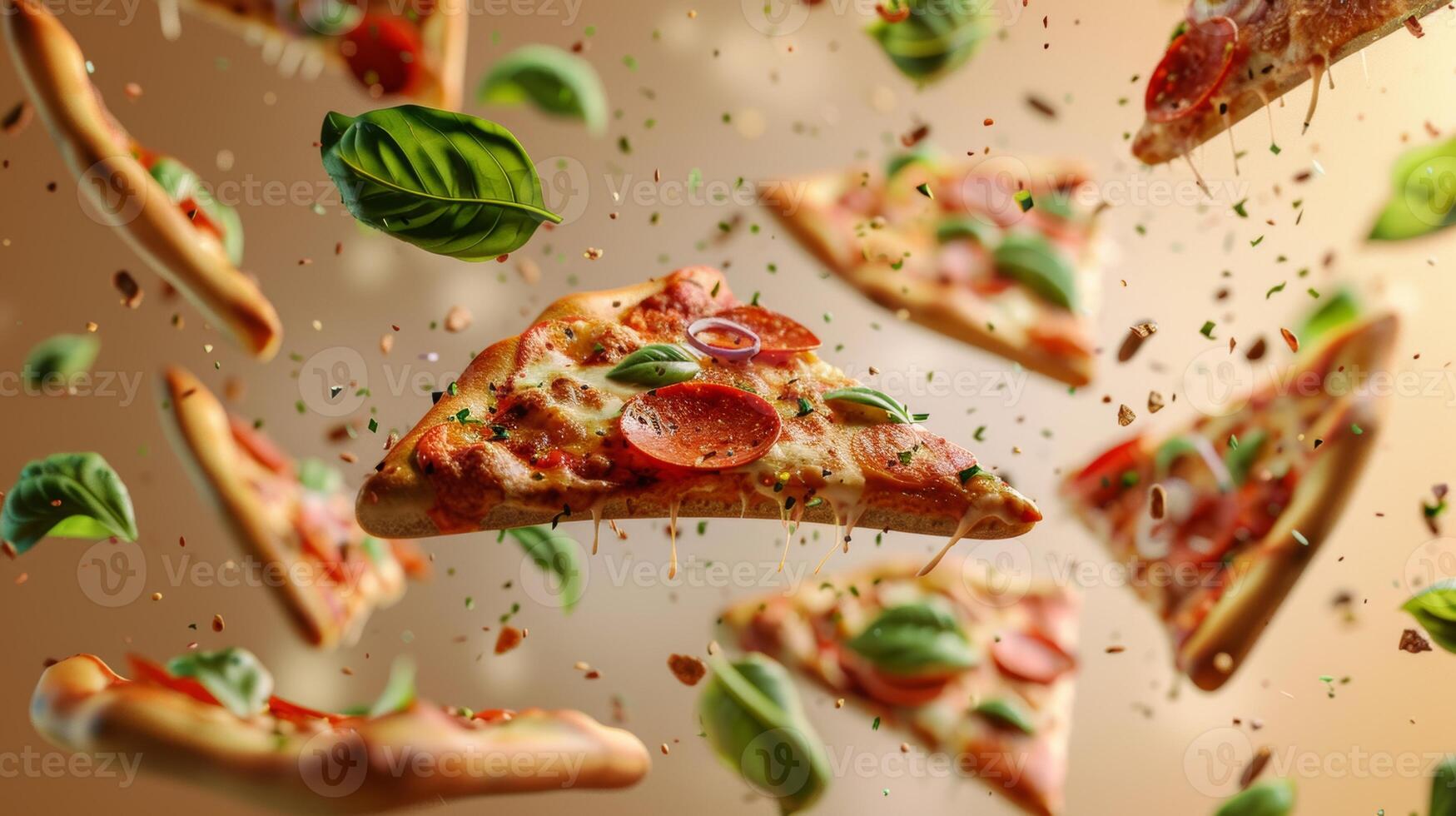 Modern design with floating slices of pizza and space for restaurant logos photo
