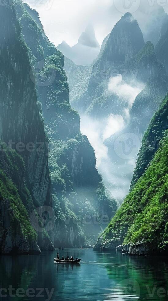A group of people are in a boat on a river in a valley surrounded by mountains. Scene is peaceful and serene, as the boat glides through the calm waters photo