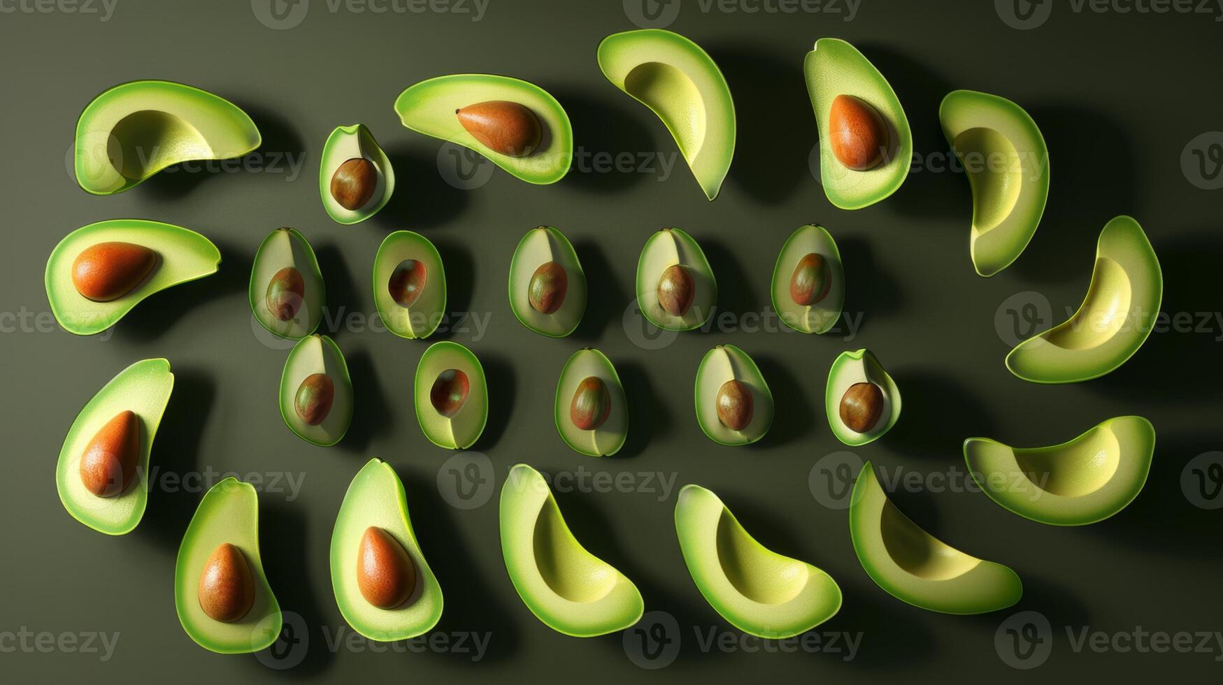 Organic layout pattern of floating avocado halves in a circular formation photo