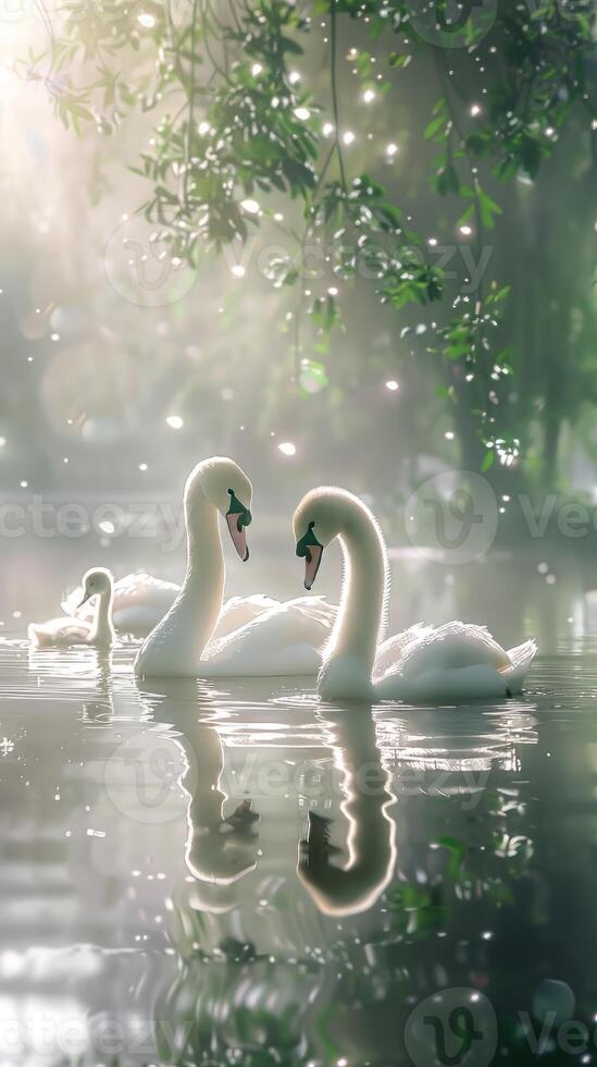 Graceful baby swans gliding across a tranquil pond, their feathers glistening photo