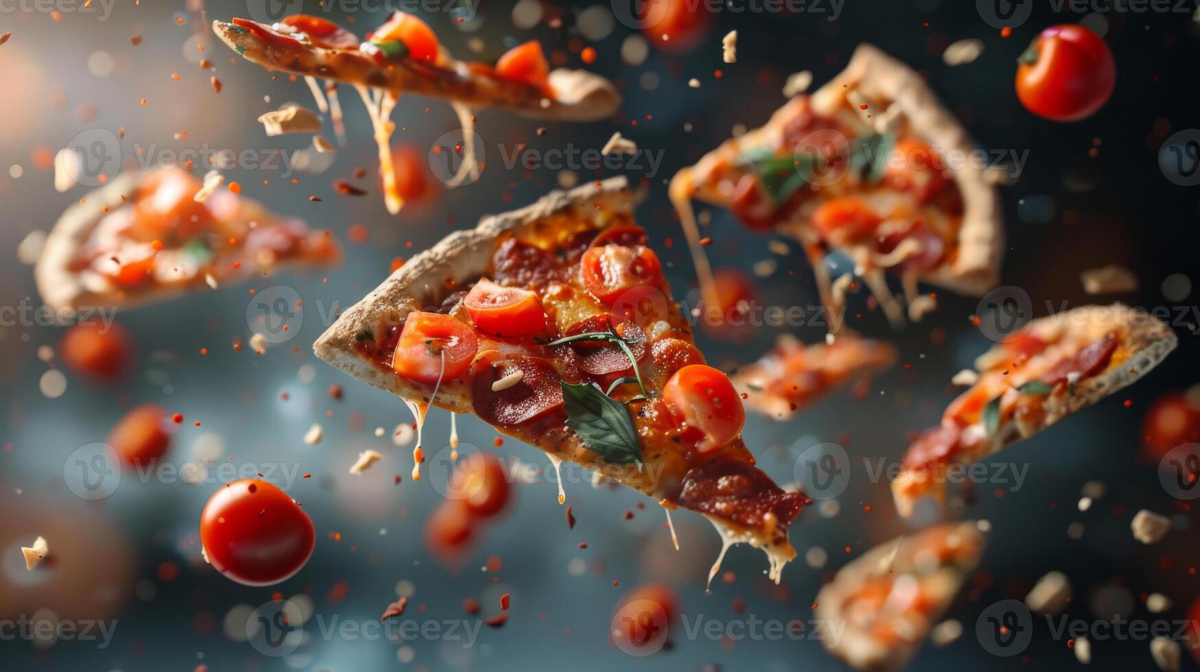 Dynamic poster showcasing floating pizza slices in a kinetic layout photo