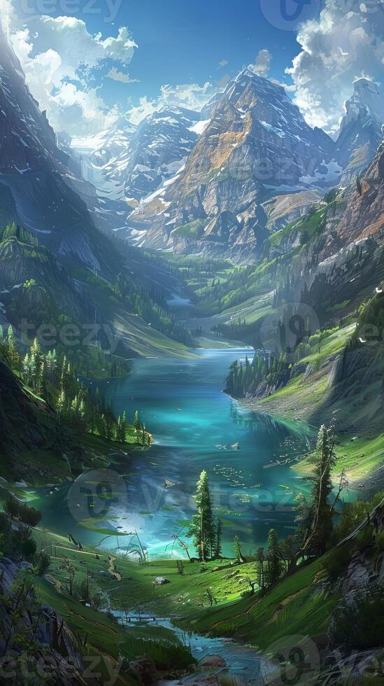 Tranquil mountain lakes ringed by towering peaks photo
