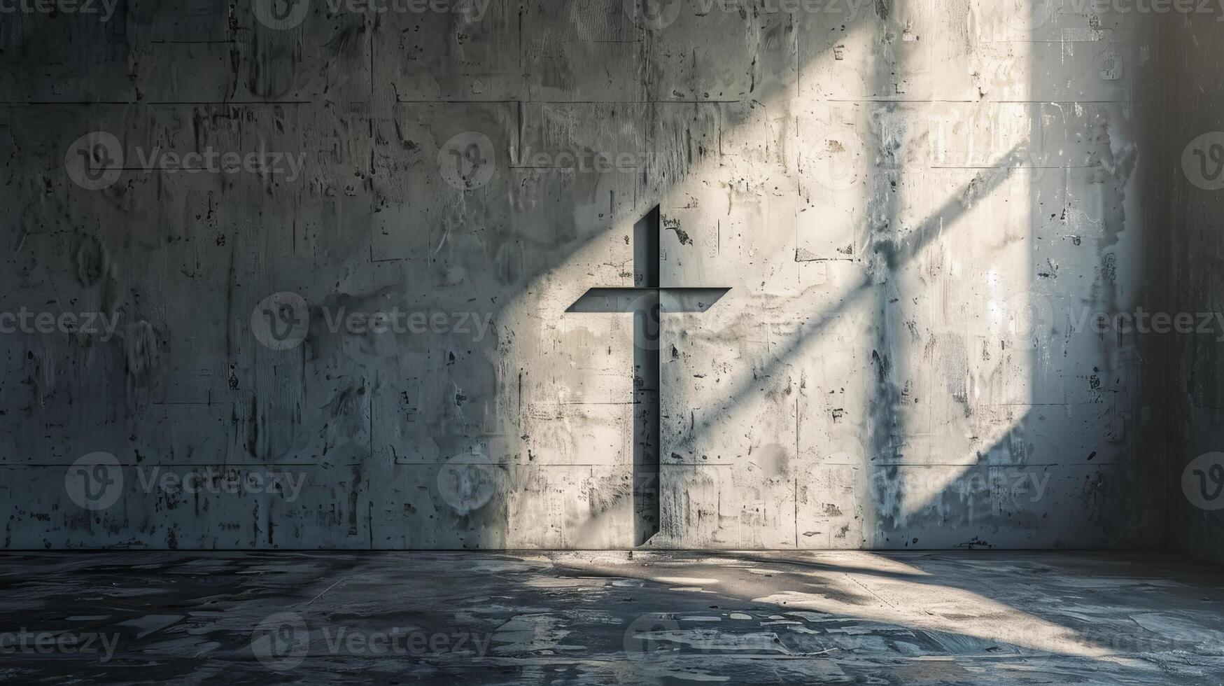 Large copy space adjacent to an image of a cross-shaped shadow on a wall photo