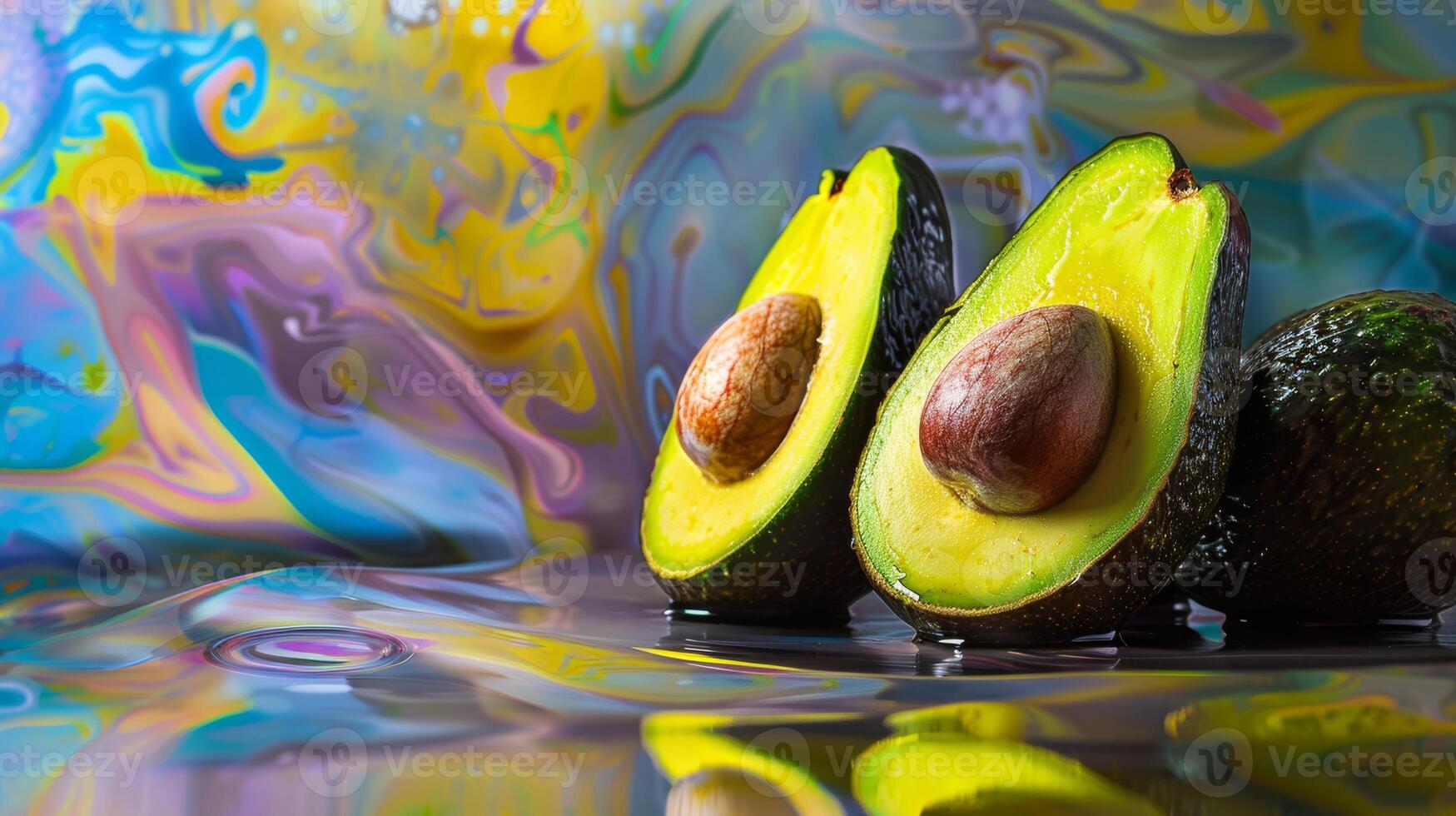 Spinning avocados against an abstract background of swirling colors photo