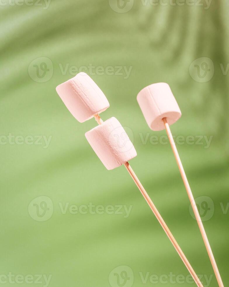 Food composition with marshmallow sticks and shade from palm leaves on a green background photo