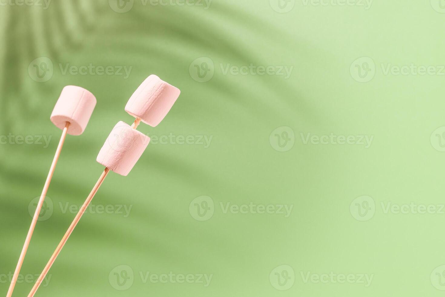 Food composition with marshmallow sticks and shade from palm leaves on a green background photo