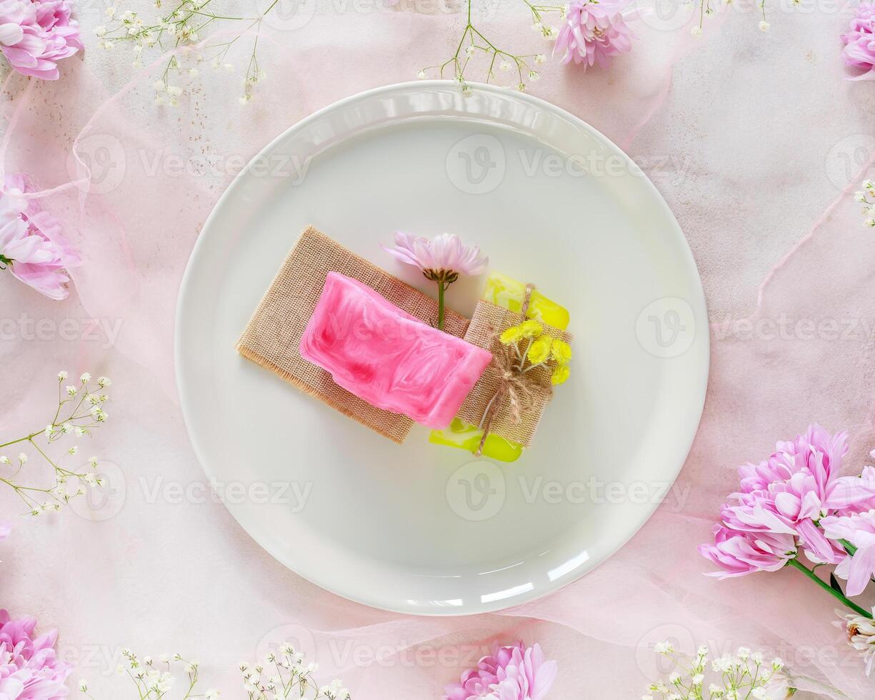 Two bars of natural flower home made soap on a white plate on a pink background photo