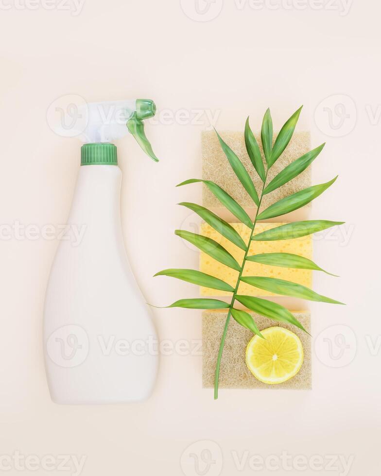 A bottle of natural detergent for windows and glass surfaces, sponges for washing and slice of lemon photo