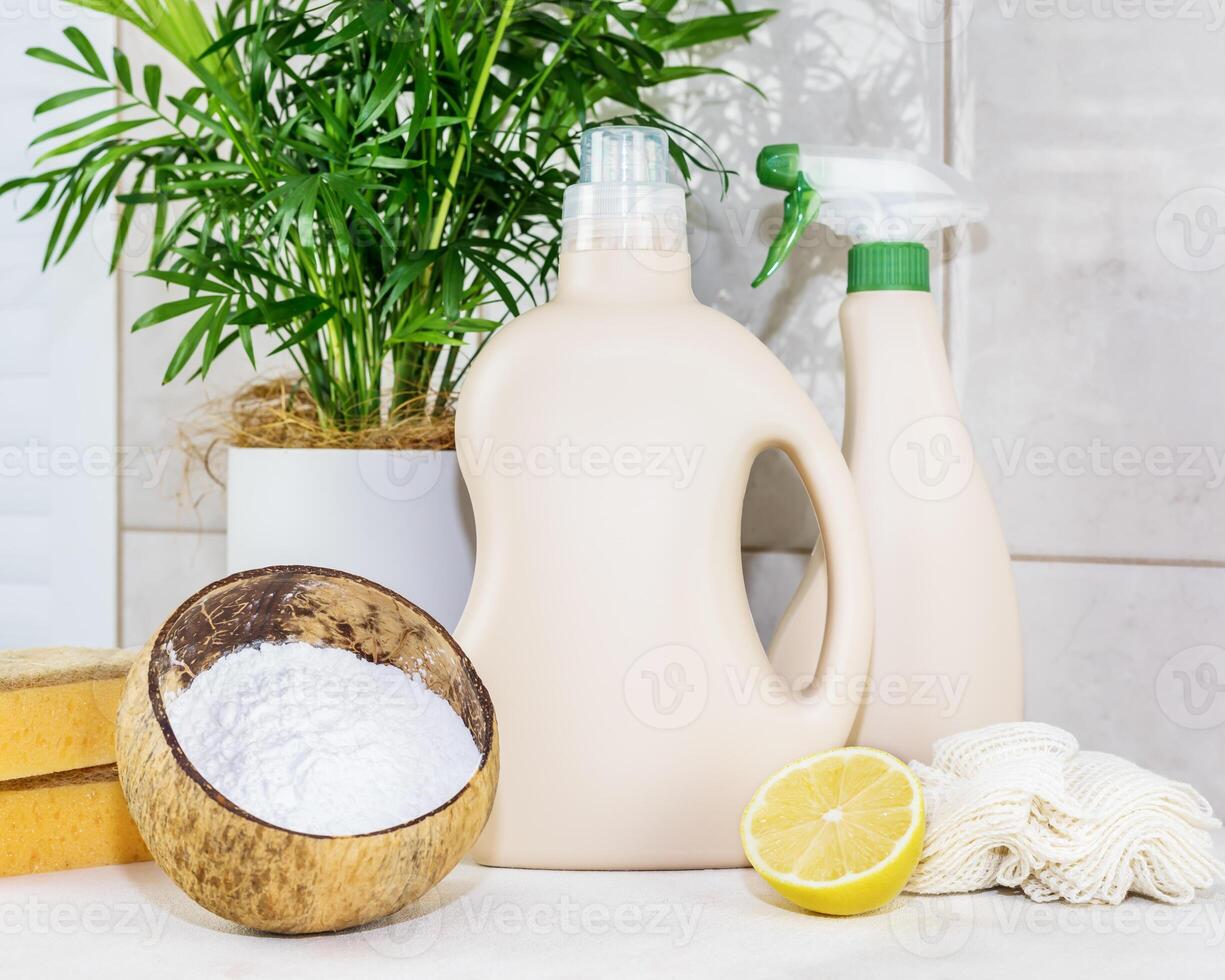Various items and ingredients for eco home cleaning photo