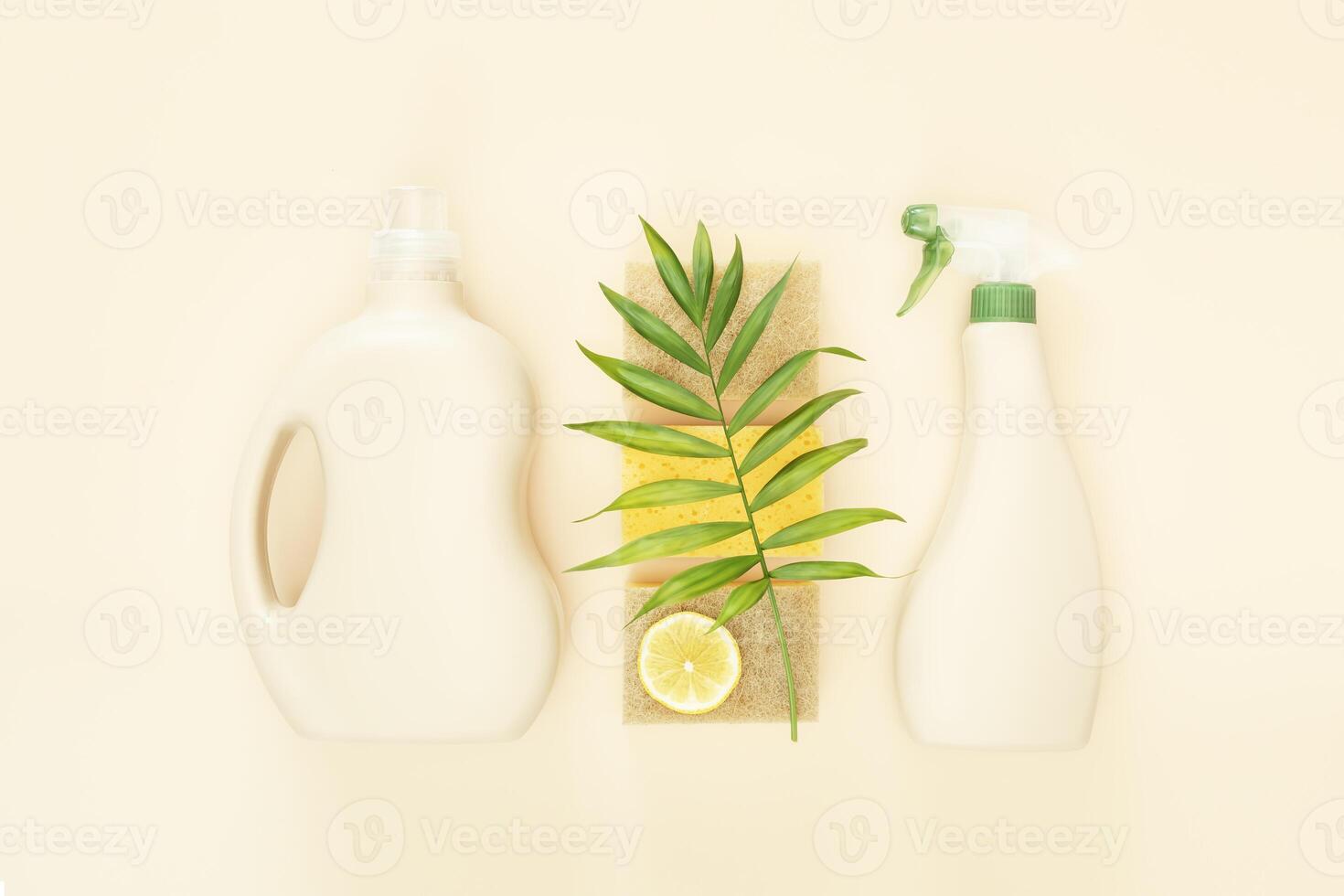 A bottles of natural detergent for the home, sponges and slice of lemon photo