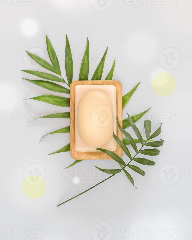 Two bars of organic soap or dry shampoo on a wooden stand with palm leaves on a blue background photo