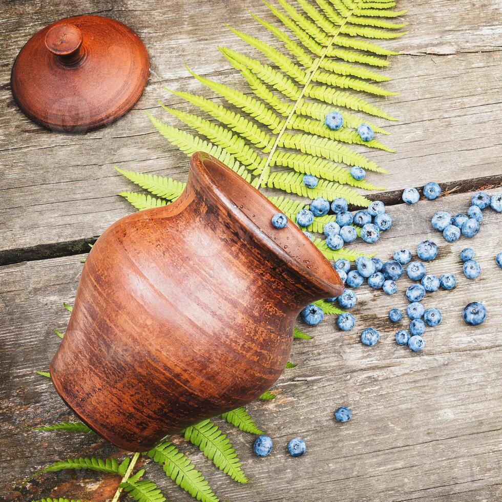 Clay pot with organic, wild blueberries and fern leave on a wooden table photo