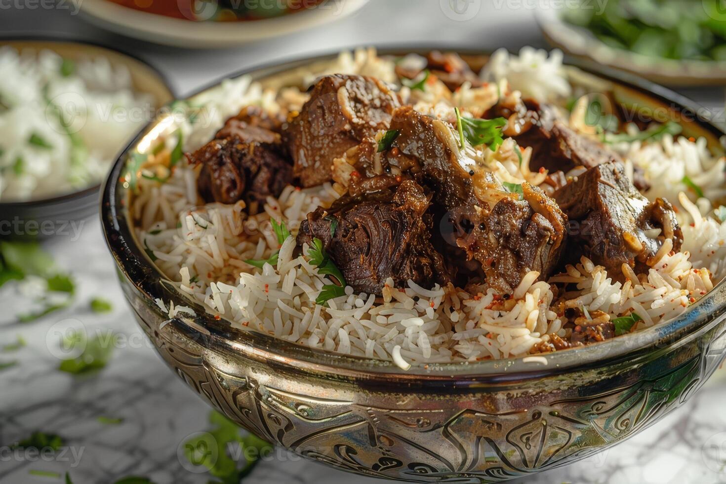 A plate of mandi rice or mandhi on a marble countertop photo