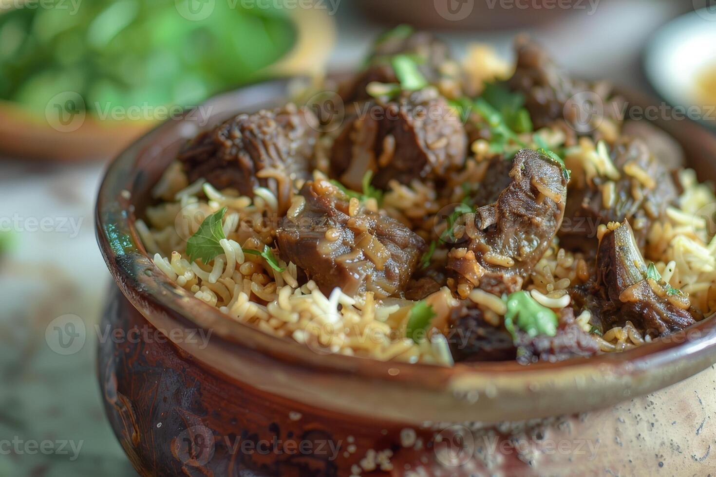 A plate of biryani on a marble countertop photo